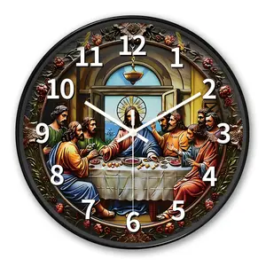 A round wall clock featuring a religious motif of the "Last Supper." This silent quartz clock is perfect for decorating your living room, bedroom, kitchen, or office, as well as for home and holiday decorations Creative Decorative Clock