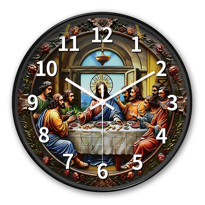 A round wall clock featuring a religious motif of the "Last Supper." This silent quartz clock is perfect for decorating your living room, bedroom, kitchen, or office, as well as for home and holiday decorations Creative Decorative Clock