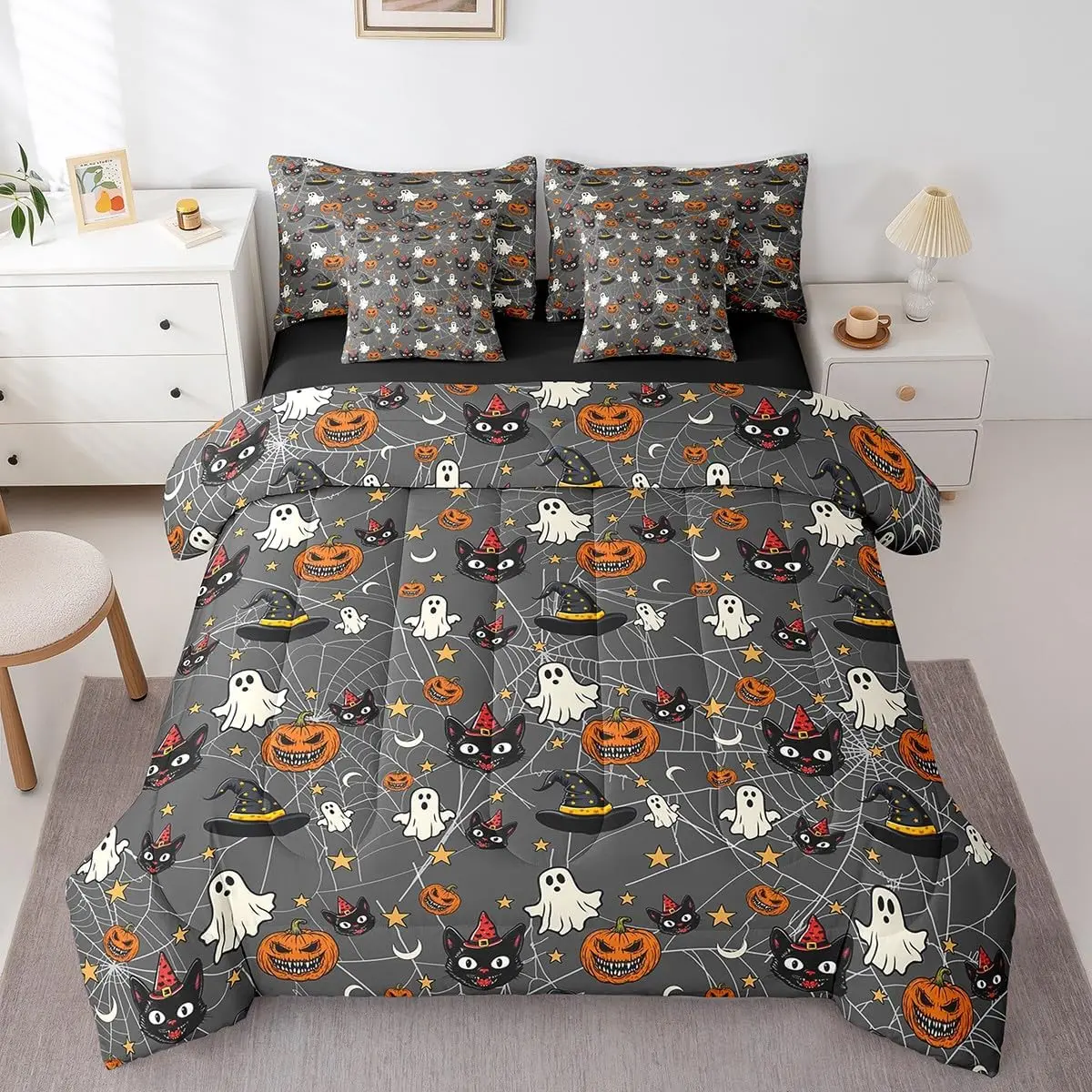 Feelyou 7-Piece Ultra Soft Kawaii Halloween Bedding Set - Ghost, Pumpkin, Cat Themed Comforter with Sheets for Kids (Multi-Size Options), Seven Pieces