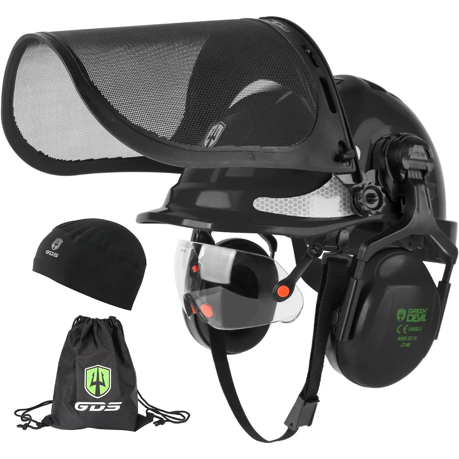 4-in-1 Chainsaw Safety Helmet with Integrated Visor, Mesh Shield & Ear Muffs - Unisex Outdoor Logging Safety Gear, 14.2 x 11.0 x 6.7 Inches, Forestry, 2.4 Lbs, Draw String Bag, Hard Hat, Multi-Protection, Impact-Resilient, Outdoor Gadgets, Functional, Fac