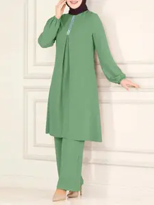 Fashion Women's Solid Color Long Shirt Tunic Baju Muslimah Set Seluar Modesty