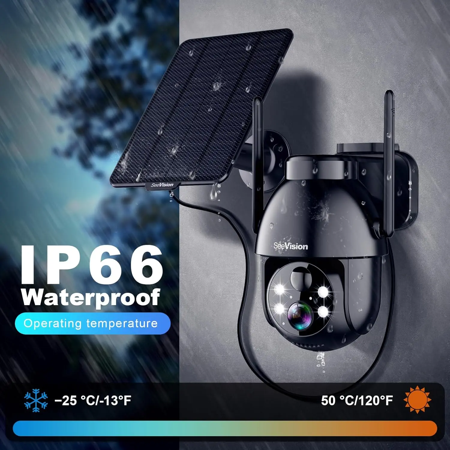 SeeVision Solar Security Cam: Spotlight, PIR Motion Detection, Color Night Vision & Two-Way Communication-