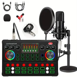 Podcast Equipment Bundle, 48V XLR Podcast Microphone Bundle and M300 Live Sound Card, Voice Changer with Adjustable Mic Stand, Studio Condenser Microphone for Smartphone, PC, DJ, Video Recording, Streaming, Gaming and Singing audio mixer studio equipment