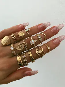 15 Pcs/Set Unique Cross Heart Alloy Ring Geometric Design Knuckle Rings Stackable Finger Rings for Women & Girls Holiday Party Engagement Ring, Perfect for Daily Wear Jewlry Accessories Anniversary Gift