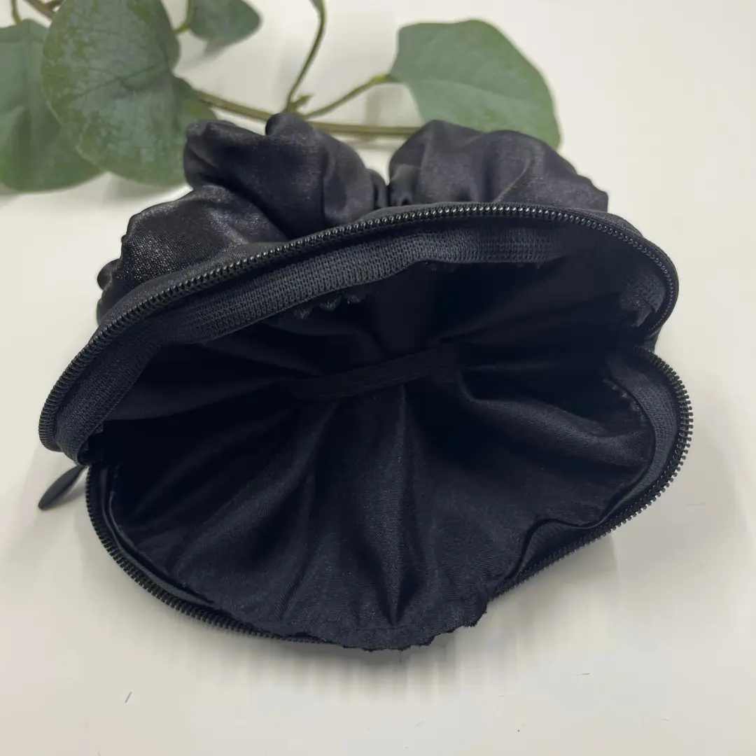 The RAVEN Black Satin Scrunchie with Secret Zippered Pouch, Handmade Hair Tie, Soft and Stylish Accessory