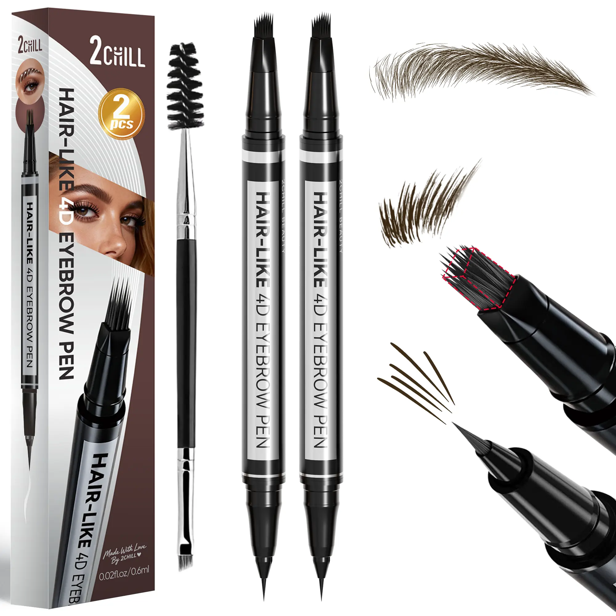 Women's 2-Pack 2-in-1 Liquid Microblading Eyebrow Pen - Waterproof 4D Square Brush Tip Brow Definer, Long-Lasting Eyebrow Makeup Tool for Natural Brows, At-Home Shaping & Flawless Application