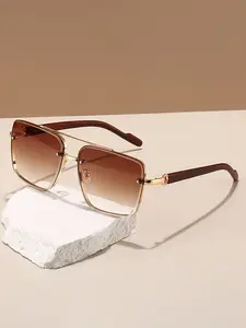 Vintage Large Frame Wood Texture Legs Sunglasses, Metal Dual Beam UV Protection Eyewear, Trendy Casual Outdoor Driving Sunproof Glasses, Trendy Beach Eyewear, Sunglasses For Driving