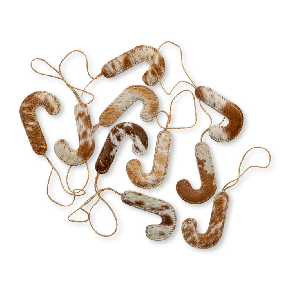 Brown Jolly Cowhide Upper Wall Hanging Ornament Set - 10-Piece Handmade Stitched Edge Burlap Hair-On Hide Cowhide Holiday Festive Decoration Prop, Ten Pieces