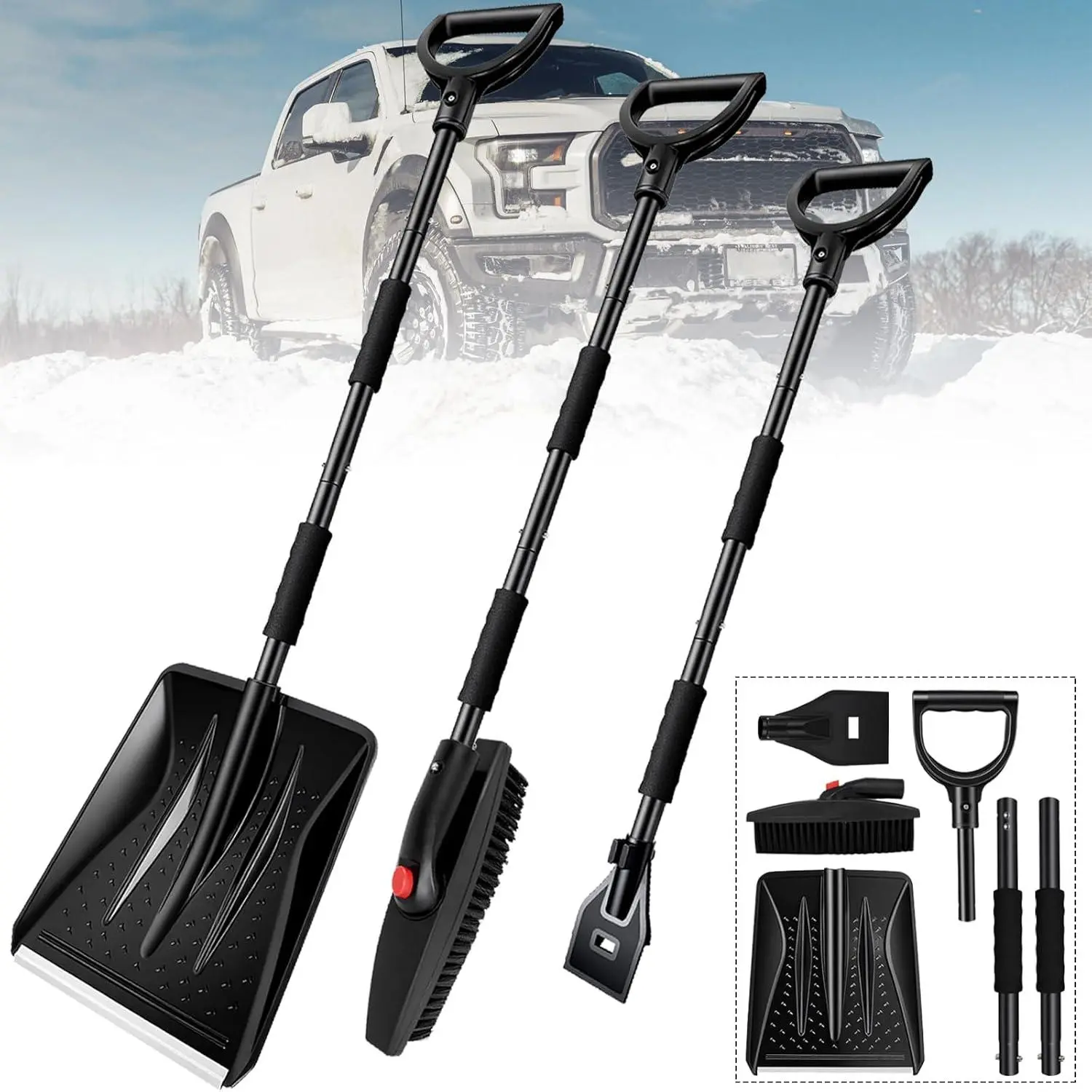 3-in-1 Portable Car Snow Shovel with Ice Scraper and Snow Brush, 39.4inch to 50.4inch Emergency Car Shovel Lightweight Suitable for Driveway Camping Yard SUV Truck Trunk in Severe Winter Weather, Black
