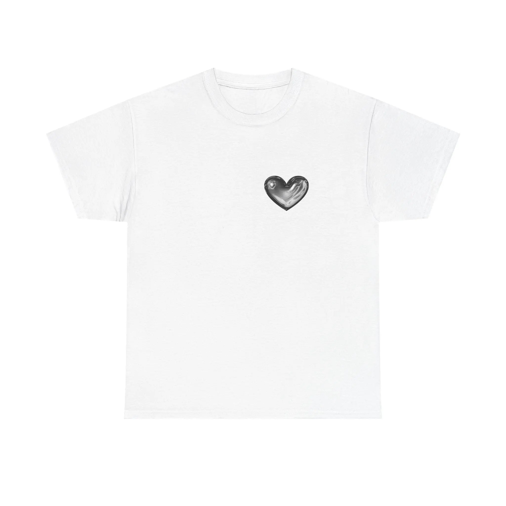 Liquid Chrome Heart Tee - Y2K Metallic Graphic, Front and Back Print