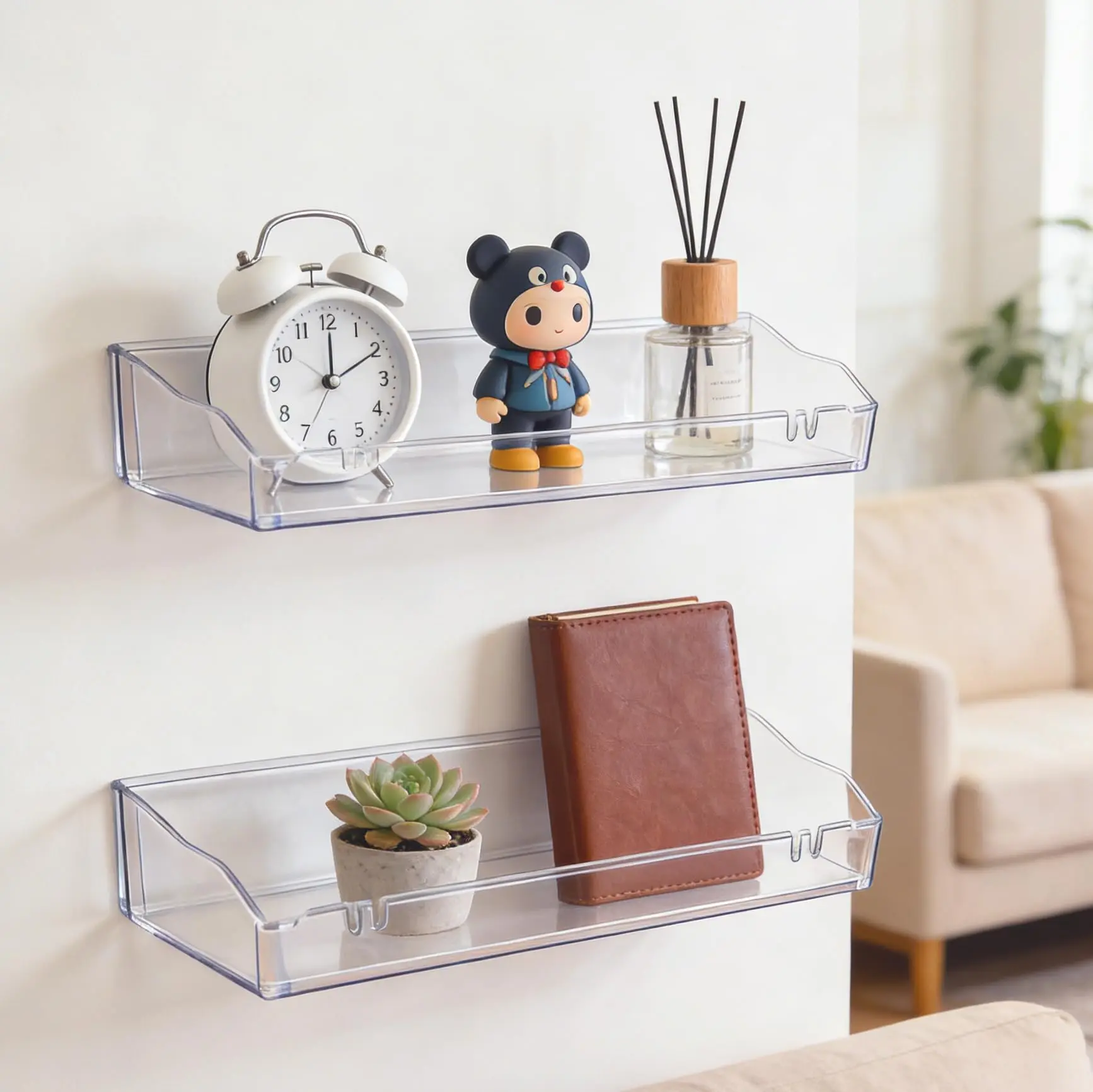 Clear Floating Shelves, Acrylic Shelves for Bathroom Organizers and Storage, Bathroom Shelf with Adhesive or Screws, Wall Mount Organizer for Shower Caddy, Room Decor, Kitchen, Living Room