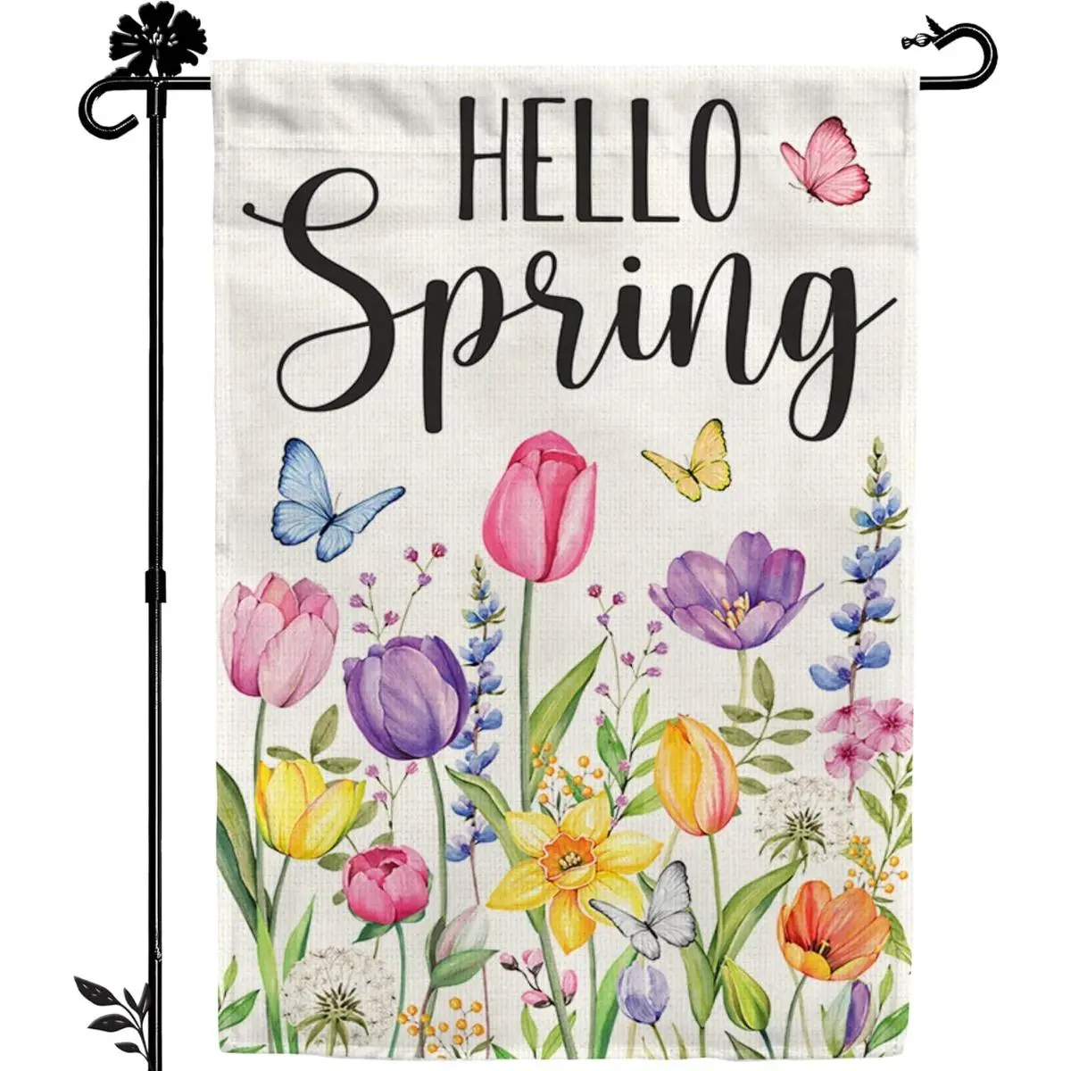 "Hello Spring" 12x18 in Double-Sided Floral Garden Flag, Cheerful Watercolor Tulip & Butterfly Yard Decor, Durable Material for Easter & Mother’s Day, Cottage Bohemian Fence Backdrop Banner (Home & Festive Supplies)