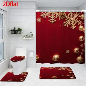 4-Piece Bathroom Sets Full Set Red Gold Christmas Snowflake Pattern Four-Piece Curtain Set Elegant Decor Shower Bath funny Accessories U-Shaped floor Seat Cover Cushion Toilet Lid Rug Carpet Non-Slip  Shape Mat Gifts Style toilet waterproof