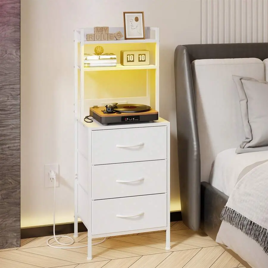 41-Inch Tall Bedroom Side Table with Charging Station, 110-127V USB Type Plug & Socket, 3 PU-Finished Fabric Storage Drawers, Multi-Functional Bookshelf for Office/Bedroom, White/Rustic Brown, Side Tables