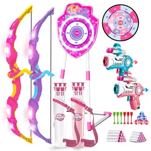 VATOS 2 Pack Bow and Arrow Toy with LED Light - 4 in 1 Archery & Dart Game Set with 20 Suction Cup Arrows, Mermaid Glow Target & Dart Board - Indoor/Outdoor Birthday Gift for Kids Boys Girls Ages 5-12