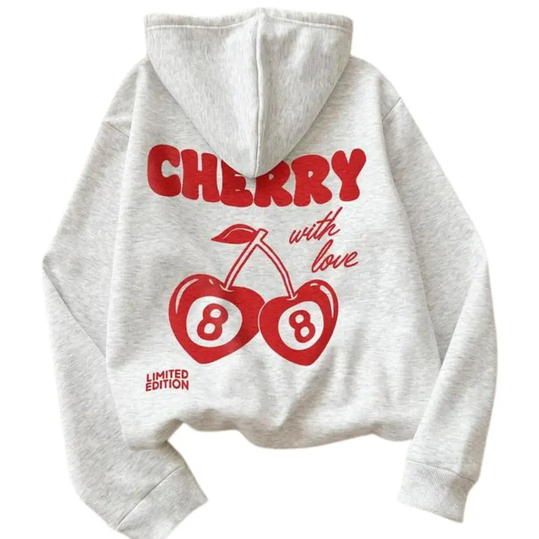 Cherry With Love Hoodie, Women's Cherry Letter Graphic Hoodie, Vintage Fruit Print Pullover, Fashion Casual Drawstring Hoodie, Trendy Everyday Streetwear
