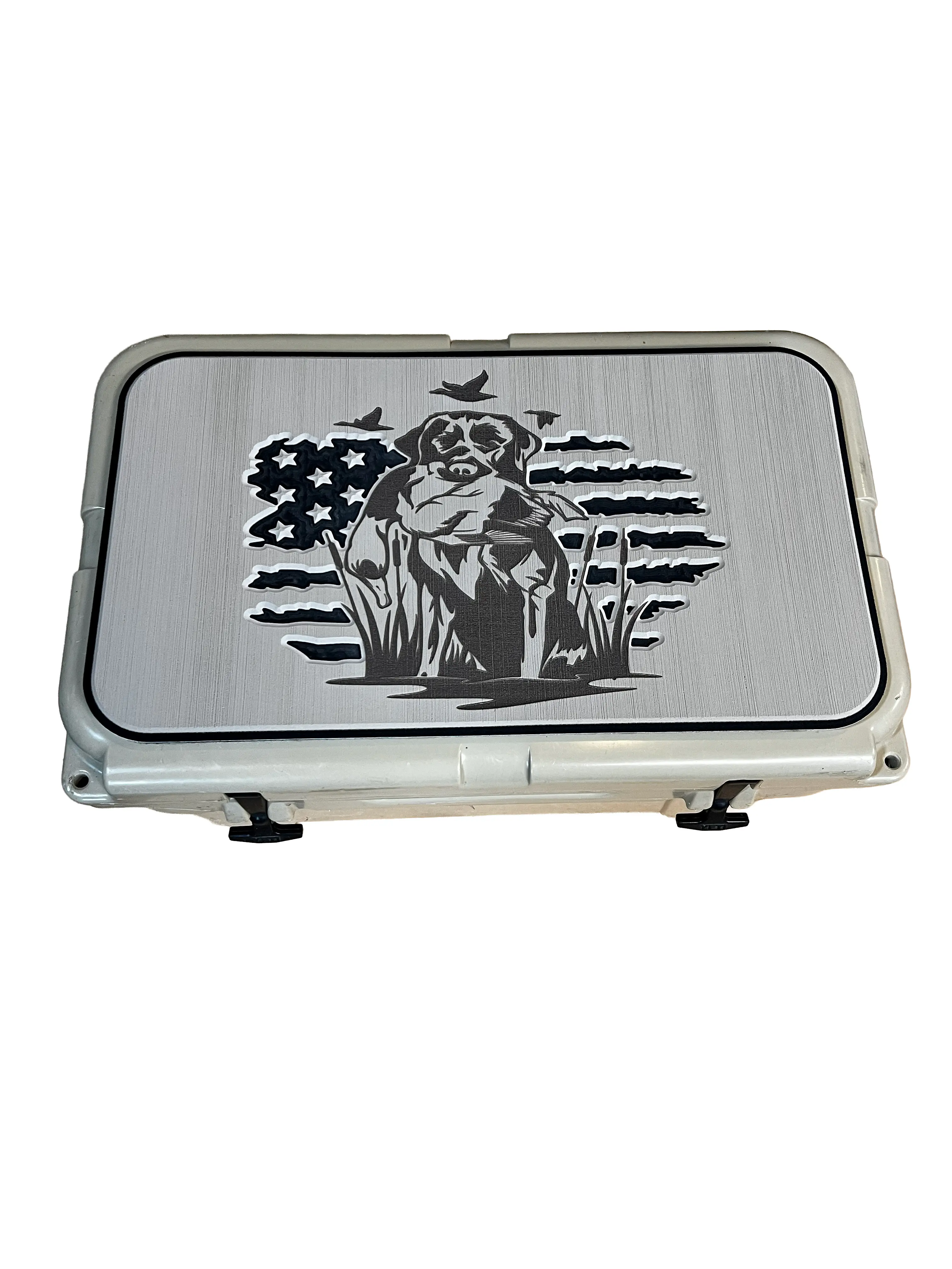 RTIC Cooler Pad - Tan/Black Mat with American Flag & Labrador Retriever Design, 3M Adhesive, 100% PE Material, RTIC Cooler Lid-Fit, USA-Made Duck Hunting Camping Cooler Accessory
