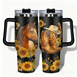 1pc Stainless Steel Water Bottle Insulated Travel Drinkware Sunflower Horse Boots and Hat Designs, Leakproof Large Capacity (40oz/30oz/22oz/20oz/14oz), Needed for Gym, Hiking, Travel Ideal Birthday Christmas Gift