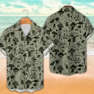 Mystical Mushroom Hawaiian Shirt 100% Polyester, Cottagecore Dark Art Aloha Top, Warrior Print Summer Button Down, Halloween Gift Shirt