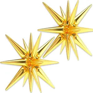 PartyWoo 42-Inch Large Gold Star Foil Rubber Round Spike Explosion Mylar Balloons, 2pcs, for Graduation, Birthday, Wedding Party Decorations