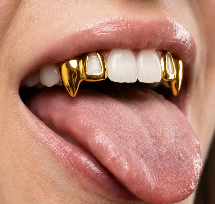 14K Gold Plated Teeth Double Open Face Fangs Grillz Set 14K Gold Plated Teeth Double Open Face Fangs Grillz Set