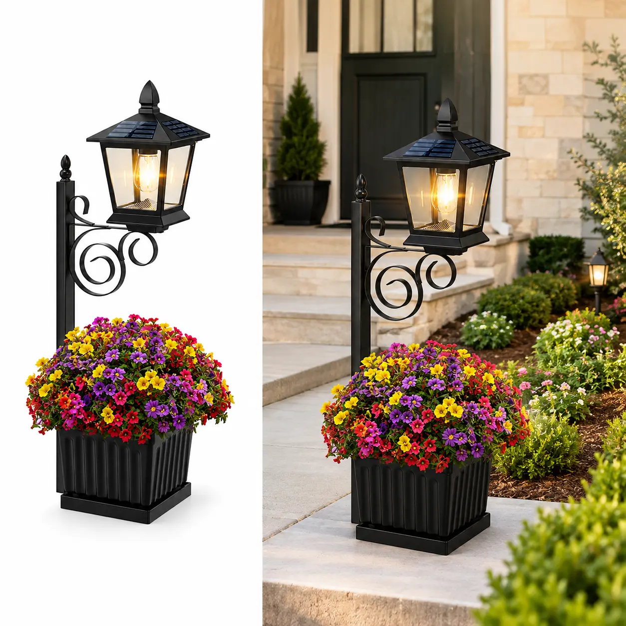 1/2Pcs Outdoor Solar Lantern Planter - Solar Garden Light with Flower Pot, Decorative Pathway Lamp for Porch, Patio, Fall Home & Holiday Decor