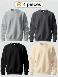 Men's 4-Piece Long Sleeve Crew Neck Loose Sweatshirt Set -Color Plain Casual Tops, Casual Streetwear Looks, Perfect for Leisure, Street Style & Daily Wear, Couple Style Pullover Hoodies, Menswear
