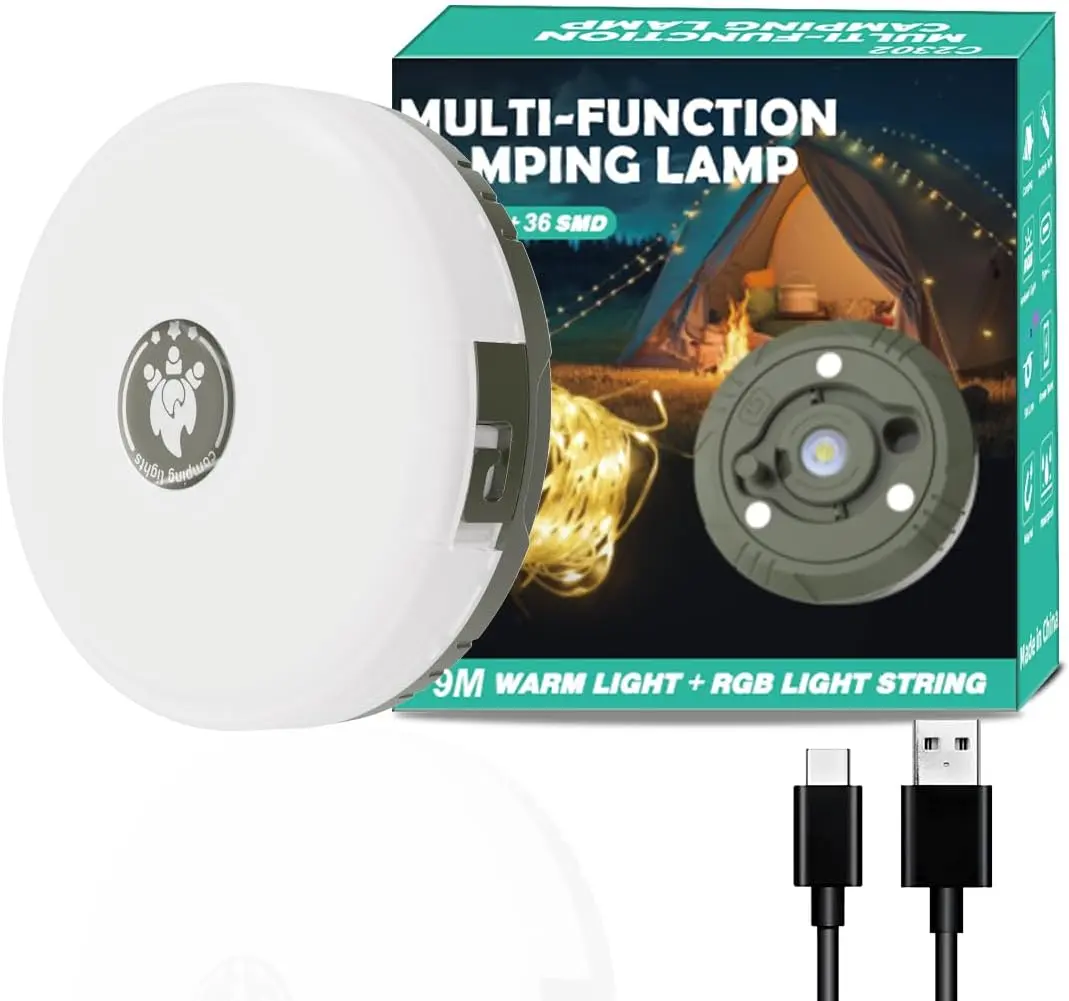 Camping String Lights, 4 in 1 Quick Storage 32.8FT Rechargeable Retractable String Lights with 8 Lighting Modes, Waterproof Emergency Light Outdoor Led Bulbs Lamp