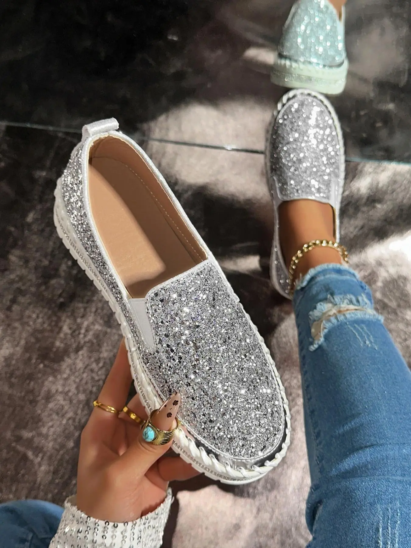 Women's Fashionable Glitter Rhinestone Decorated Slip on Loafers, PU Leather Shoe, Casual Comfortable Low Top Shoes for Daily Wear, Trendy Shoes, Lightweight Breathable Shoes for Women & Girls, Walking Shoes Footwear
