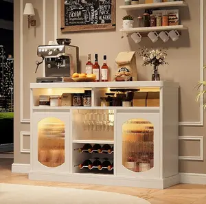 Modern Buffet Cabinet with LED Lights, White Sideboard Cabinet with 2 Glass Doors, Coffee Bar Cabinet with Adjustable Shelves and Wine Racks for Kitchen Room, Dining Room, Living Room