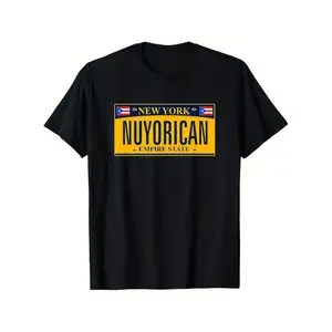 Vintage Nuyorican license plate graphic T-shirt featuring a Puerto Rican flag design in black with bold yellow and red accents. Unisex cotton comfort fit available in sizes S–XXXL.