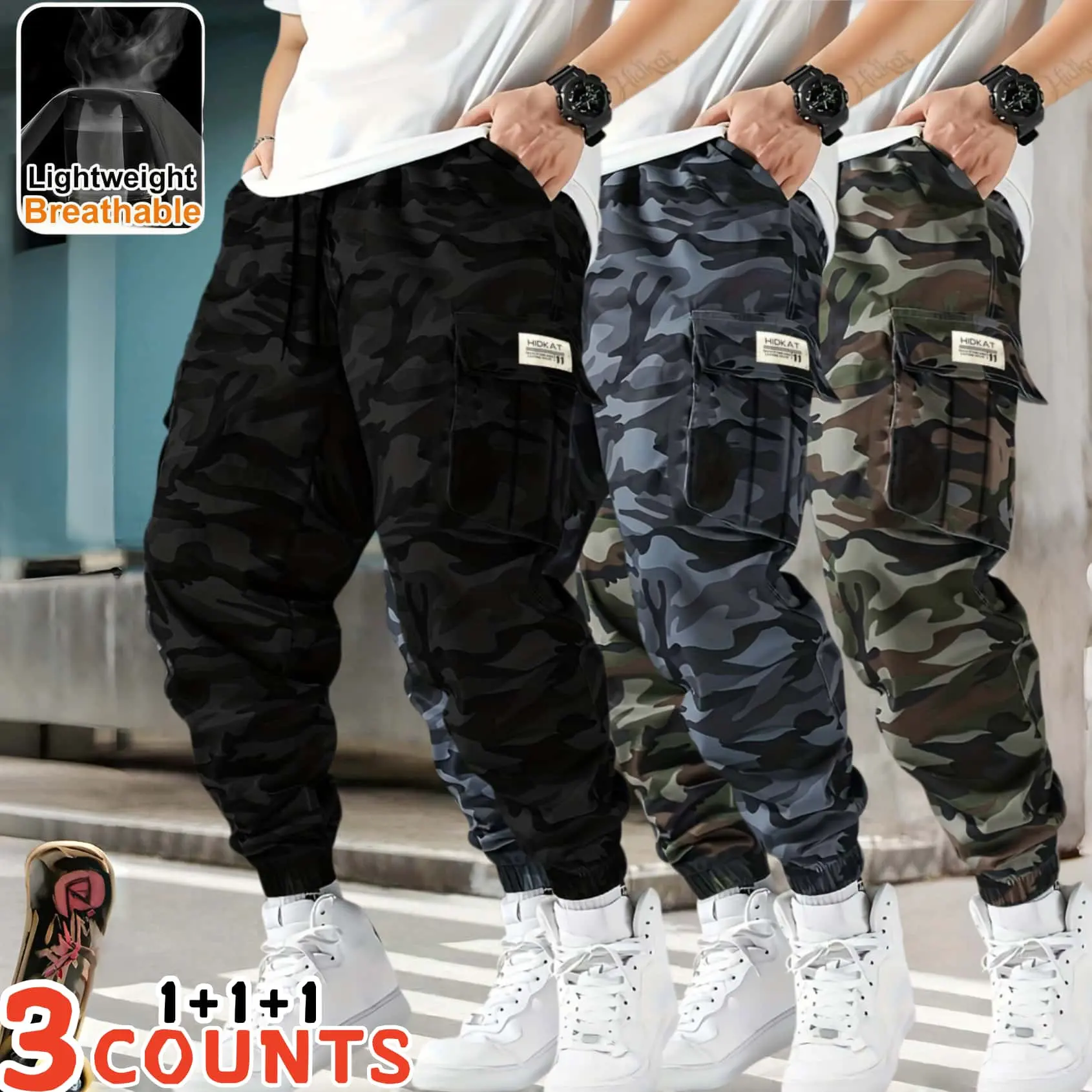 Men's 3-piece camouflage workwear, ankle tied casual pants Multi pocket drawstring elastic waist loose fit sports pants three piece set Outdoor military style camouflage work pants 3-piece combination