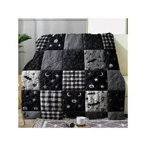 Spooky Black & White Halloween Patchwork Throw Blanket with Pumpkins, Bats & Starry Patterns