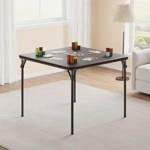 Folding Table, 33.6-inch Portable Square Folding Card Table, Black Metal Folding Table with PU Soft Cushion, Suitable for Living Room, Office, Camping