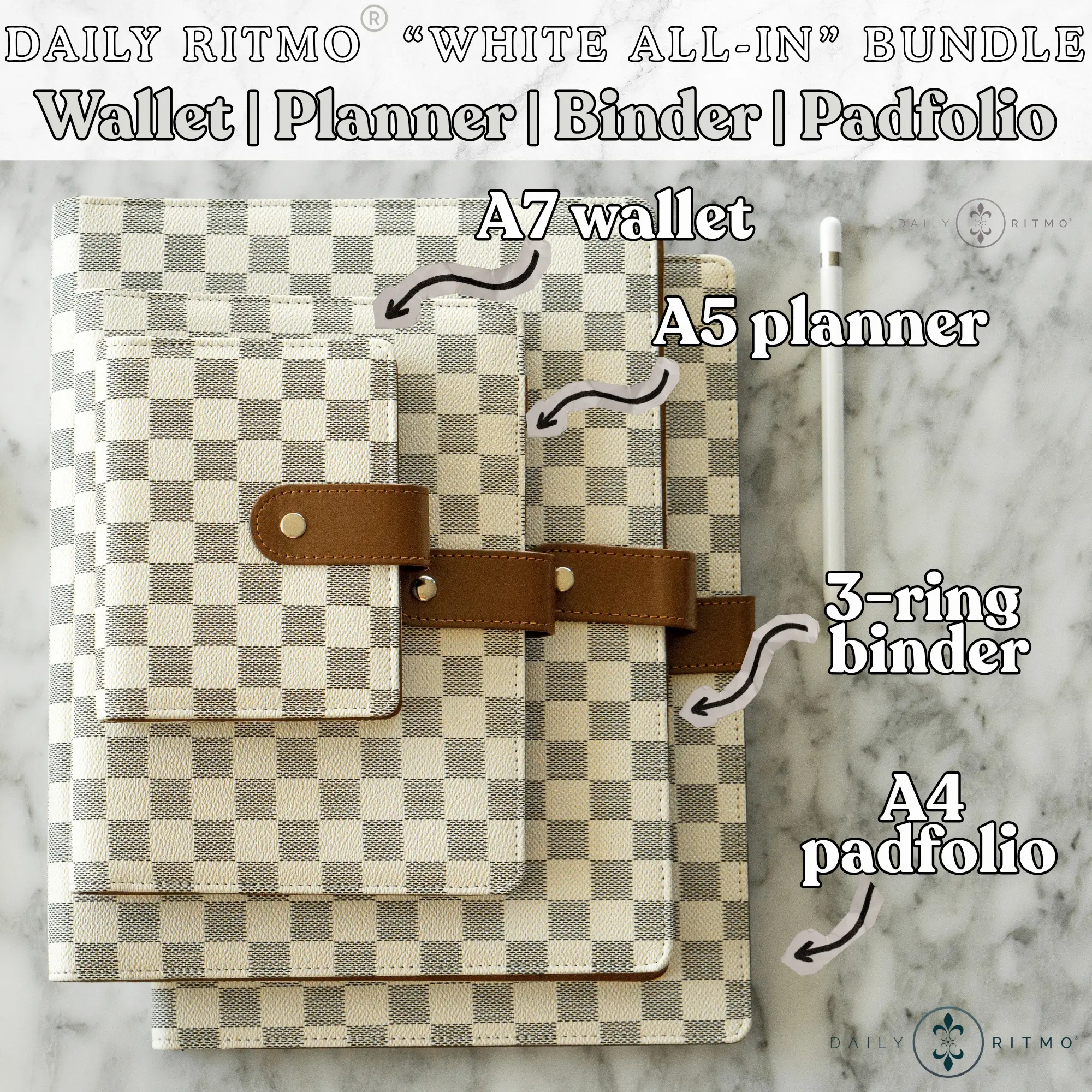 DAILY RITMO White ALL-IN Bundle - A7 Mini Wallet, A5 Planner, 3-Ring Binder, A4 Padfolio