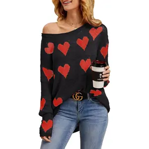 Saodimallsu Womens Cute Love Heart Print Sweaters Oversized Off The Shoulder Loose Knitted Valentine Pullover Blouse Top
