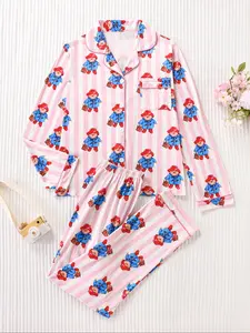 Women's Two-Piece Cute Cartoon Bear Sleepwear Pajama Set, Soft Silk Satin Fabric, Comfortable Long Sleeve Top and Pants, All Seasons