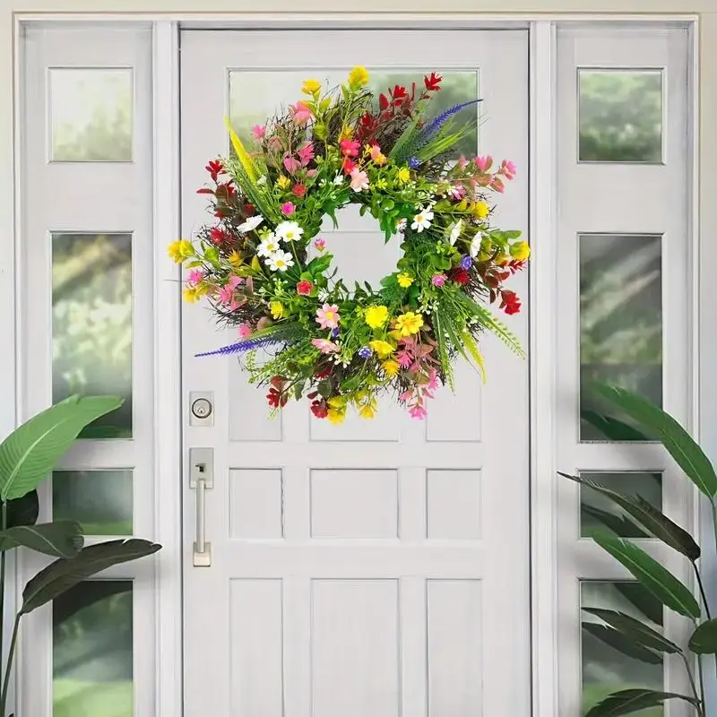 Artificial Flower Wreath, 17.71inch Colorful Faux Flower Wreath, Decorative Flower Wreath for Farmhouse Indoor Front Door Wall Wedding Home Decoration, Plants, Artificial Hanging Flowers, Fake Floral Decor