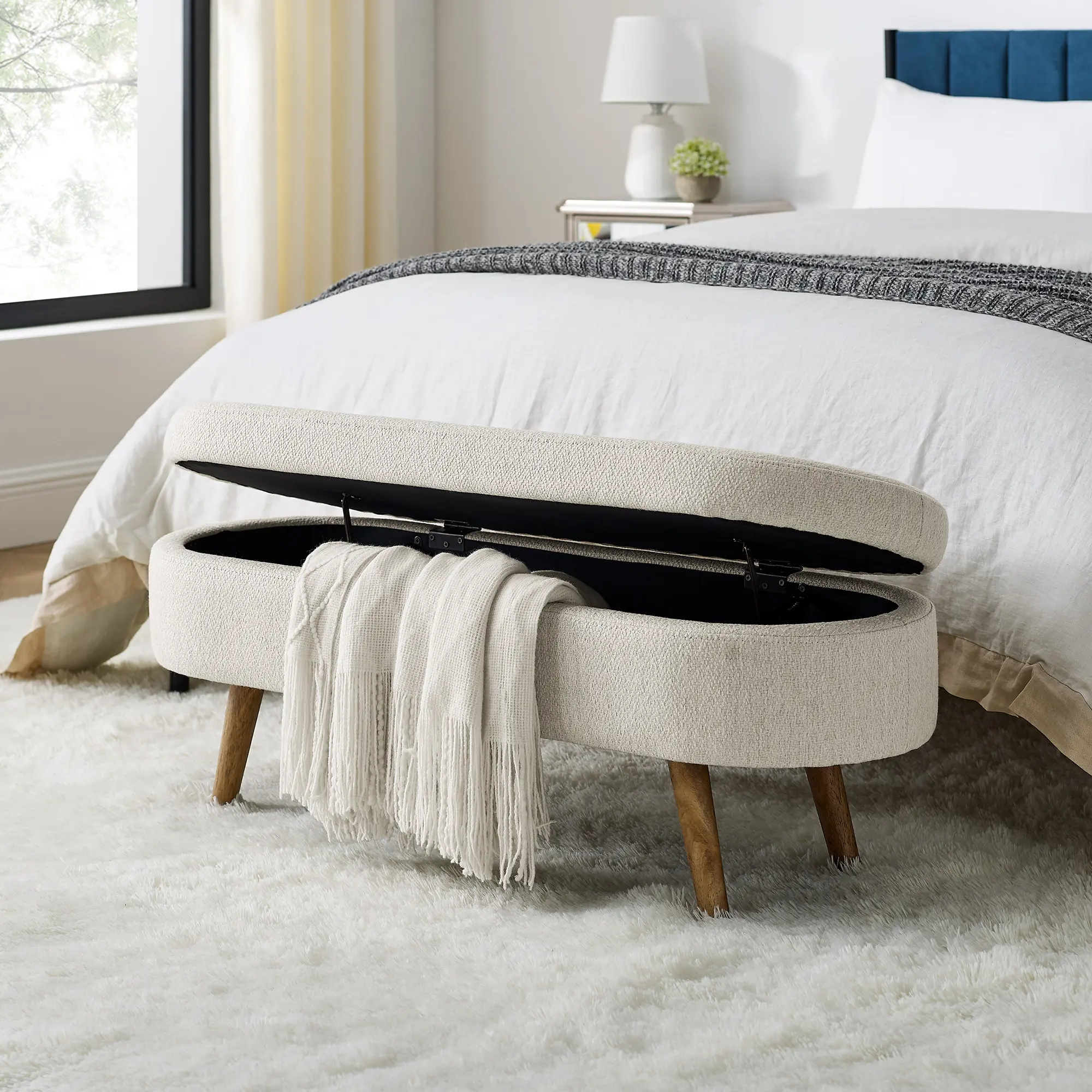 Oval Storage Bench 43.5 Inch Linen Upholstered Entry Bench with Solid Wood Leg Bench Living Room/Bedroom/End of the Bed/Indoor Bench