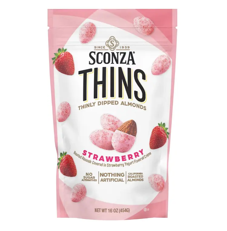 Sconza Strawberry Thinly Dipped Almonds, 16oz - No Sugar Added, Nothing Artificial, California Roasted, Yogurt-Infused, Natural Milk-Infused Ready-to-Eat Nut Snack for Birthday, Christmas