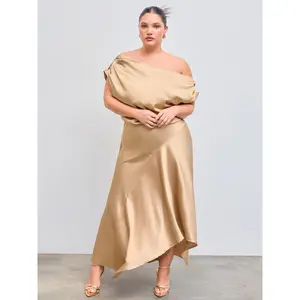 Cider [3 colors, size 0-24] Satin Asymmetrical Neck Ruffle Maxi Dress Curve & Plus