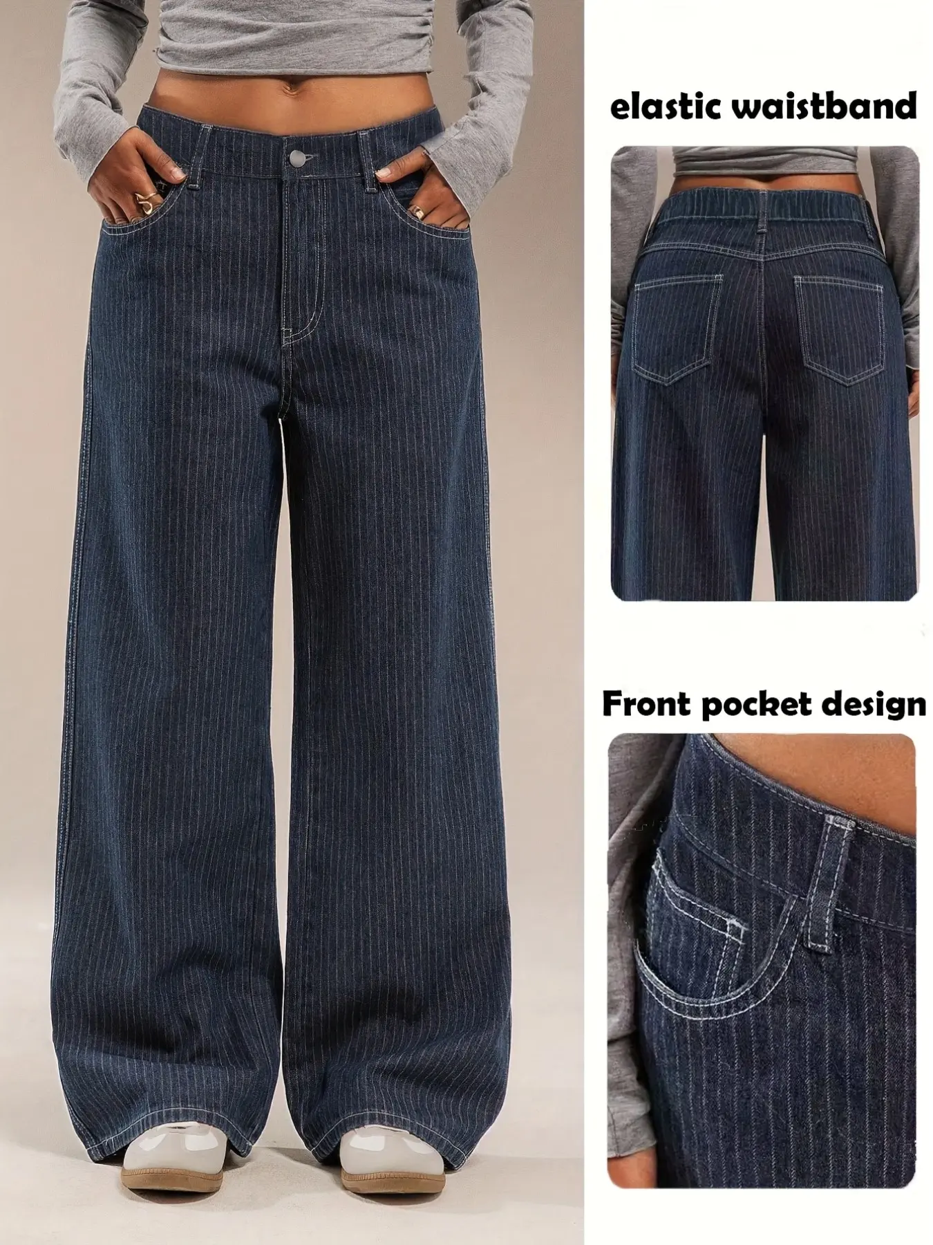 Women's Casual Daily Wear Denim Jeans Loose Baggy Striped Wide Leg Long Pants with Pocket, Non-Elastic Waistband, Comfortable and Stylish, Perfect for Everyday Use