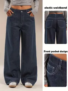 Women's Casual Daily Wear Denim Jeans Striped Long Pants, Non-Elastic Waistband, Comfortable and Stylish, Perfect for Everyday Use