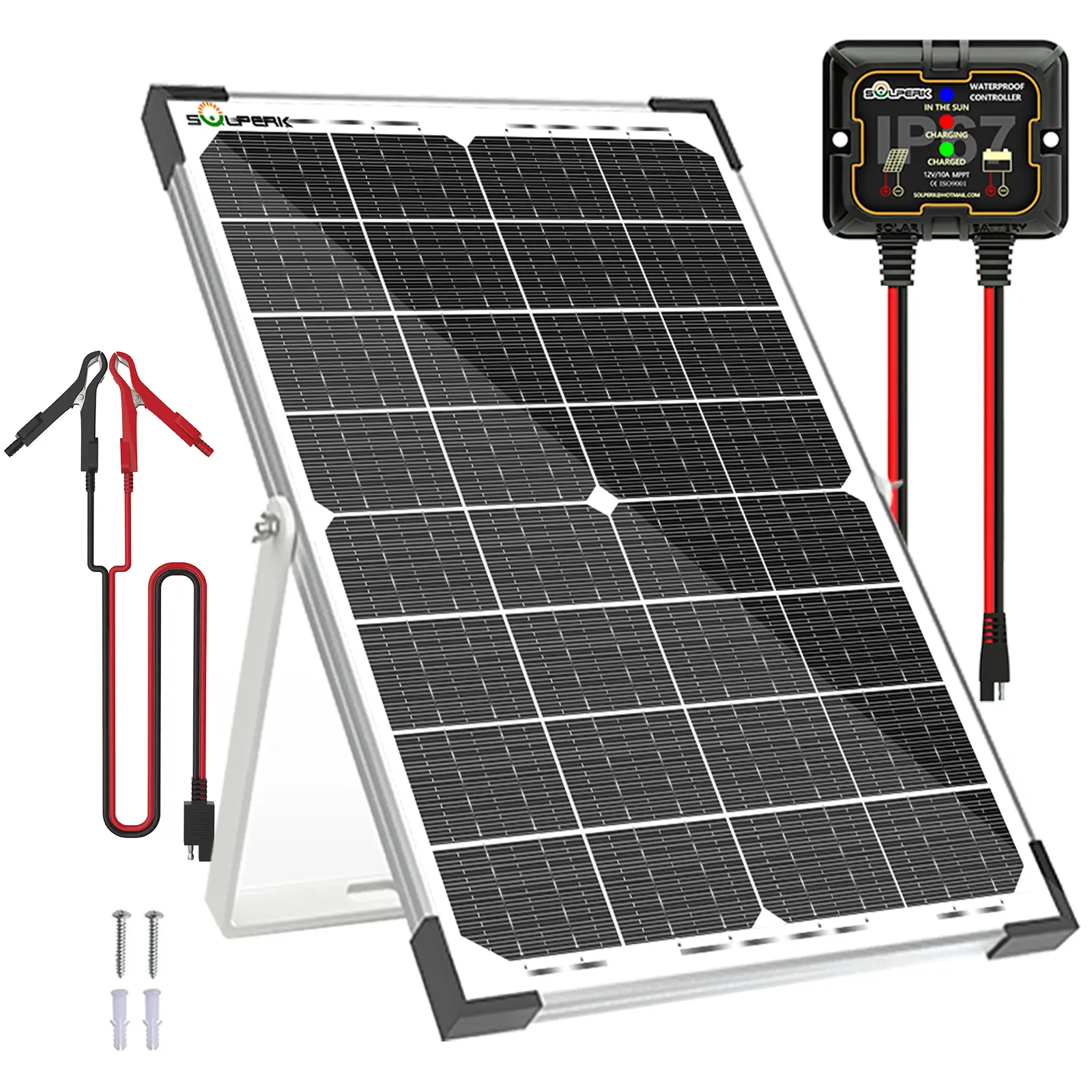 SOLPERK High Efficiency Solar Panel Kit - 30W 12V Monocrystalline Trickle Charger Maintainer with Upgraded Waterproof Controller, Angle Adjustable Mount Bracket, Alligator Clips, Tempered Glass for Boat, RV Batteries, Monocrystalline Solar