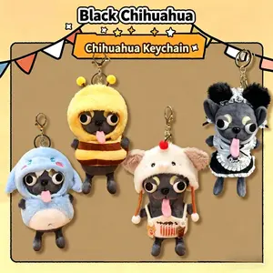 Black Chihuahua Plush Keychain - Cute Outfit Plushies, Soft Cuddly Stuffed Toy Bag Charm, Birthday Gift for Dog Lovers