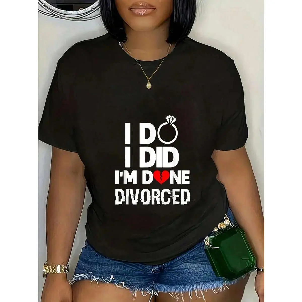 Women's 100% Cotton Knitted Crew Neck Short Sleeve Pullover Cut T-Shirt - Funny "I Do I Did I'm Done" Divorce Party Graphic, Plant Print, Slight Stretch, Machine Washable, Casual Elegant, Normal Type Fit