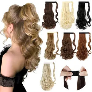 18" Ponytail Extension Curly Wavy Clip in Hairpiece Wrap Around Long Pony Tails Hair Extensions Synthetic for Women Light Auburn Mix Dark Brown