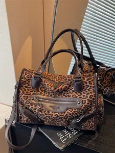 Vintage Leopard Print Tote Bag, Large Capacity Multi-Pocket Flap Pocket Design Crossbody Bag, Women's Versatile Commuter Suede Handbag Shoulder Bag, Everyday Bag, Fashionable Patterned Bag, Fashionable Bags
