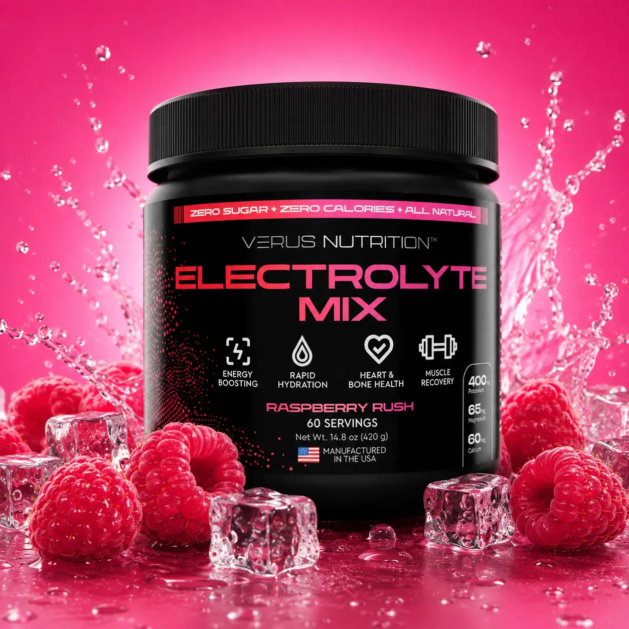 Electrolyte Powder - Raspberry Rush - 60 Servings, 0 Calorie, Sugar Free, Natural Mineral Hydrating Ingredient Mix for Keto & Vegan