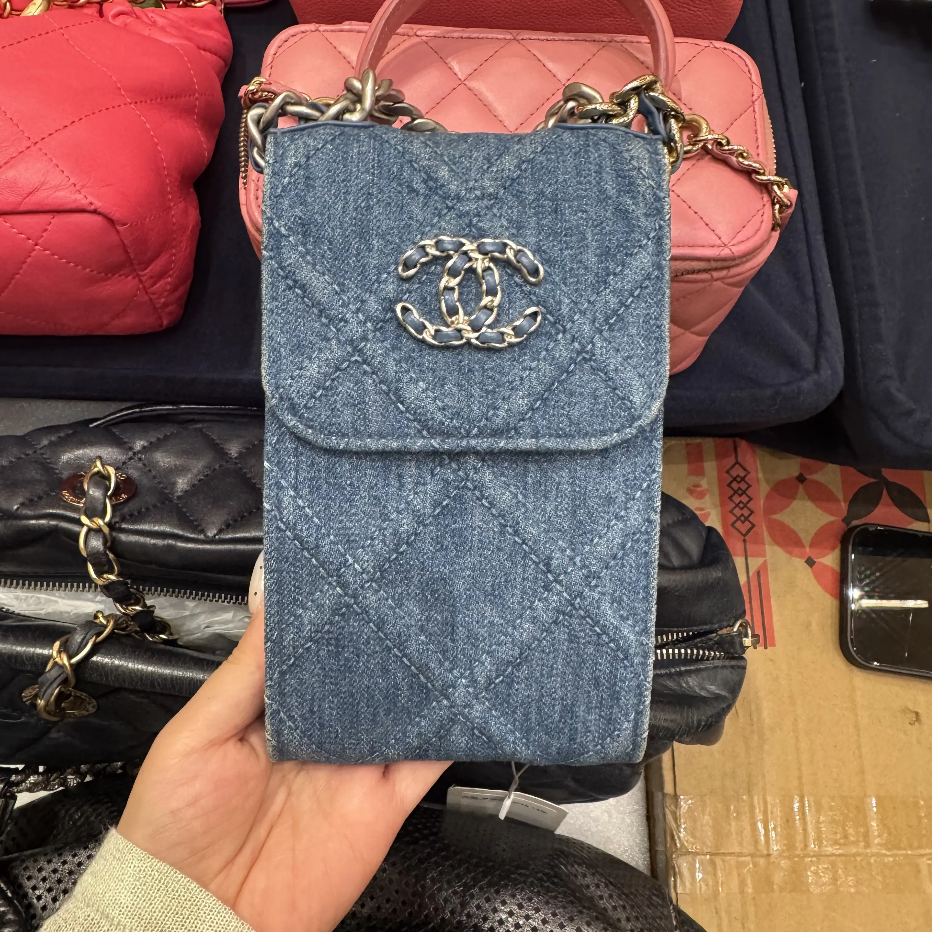 Pre-owned CHANEL Denim Phone Crossbody Bag No Chain, Zip Closure, Style BZ0529011, Crossbody Bags, Phone Bag